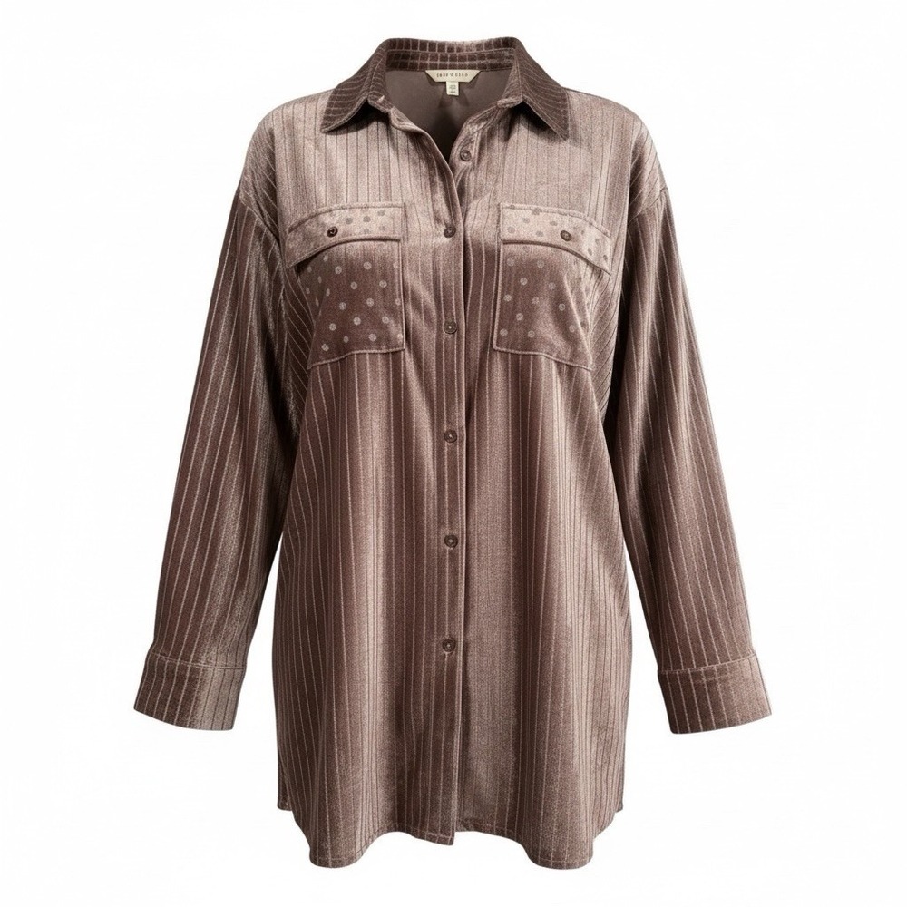Velvet Shacket Shirt Top Brown Large Ribbed Pockets Shimmer Bling NWT Shimmer